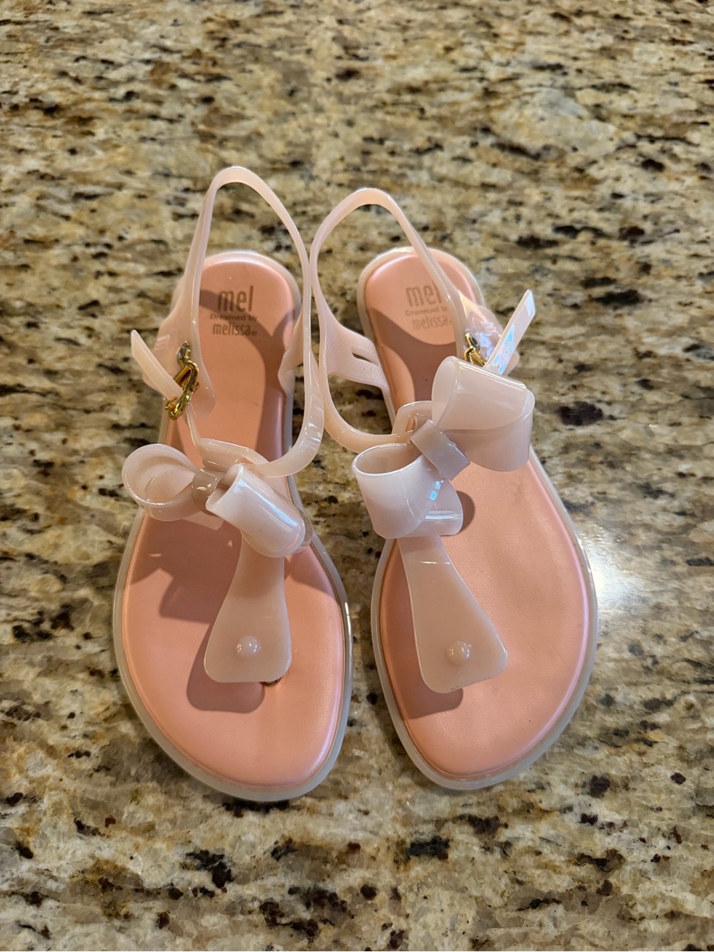 Mel Dreamed by Melissa Girls size 3 Youth Blush Double Bow T Strap Sandals
